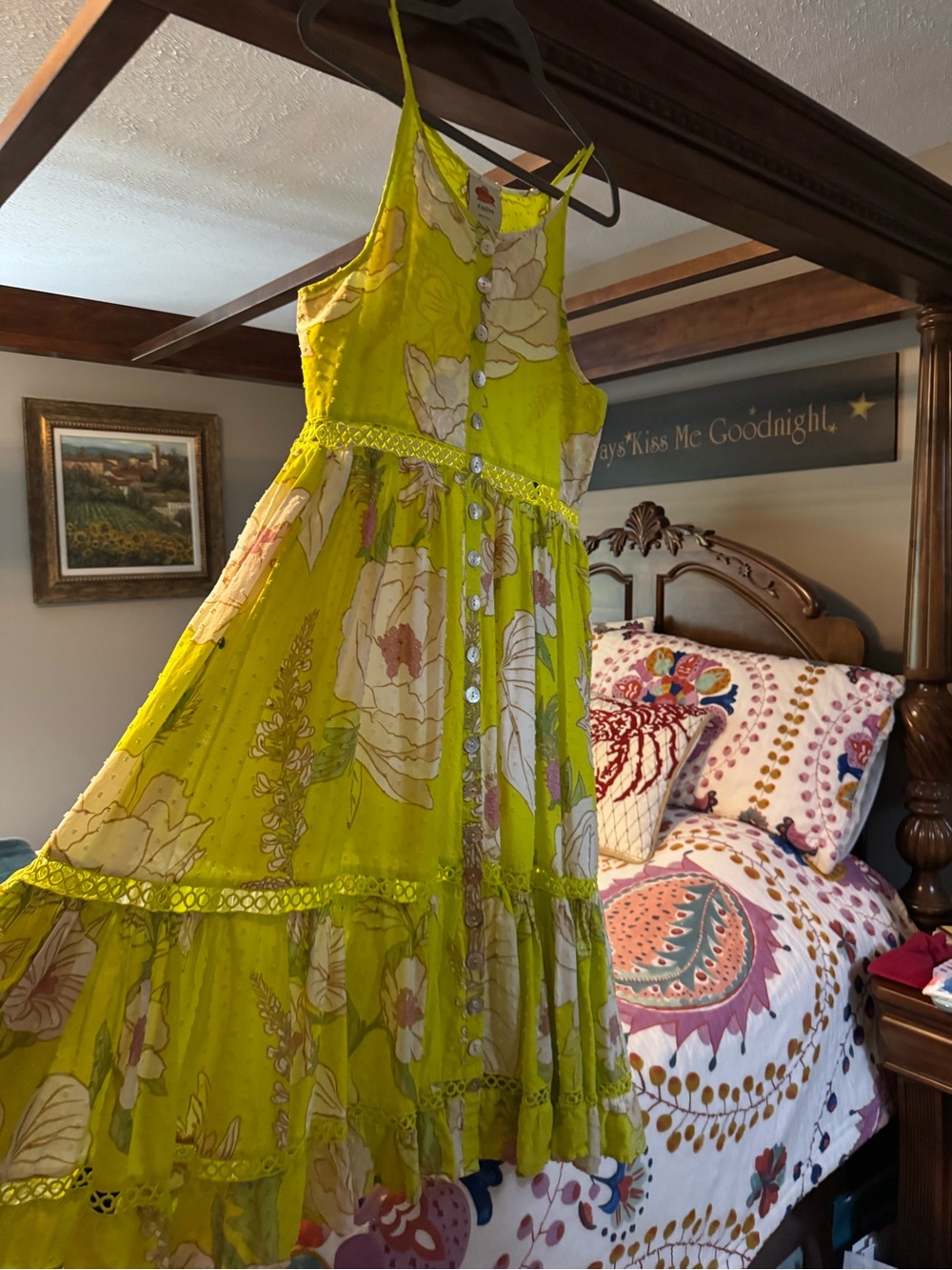 FARM Rio Neon Lime Floral Tiered Button-Front Sundress